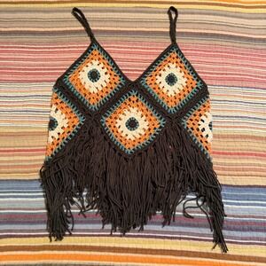 Rock and‎ Roll Denim Womens Small Crochet Granny Square Fringe Cami Top